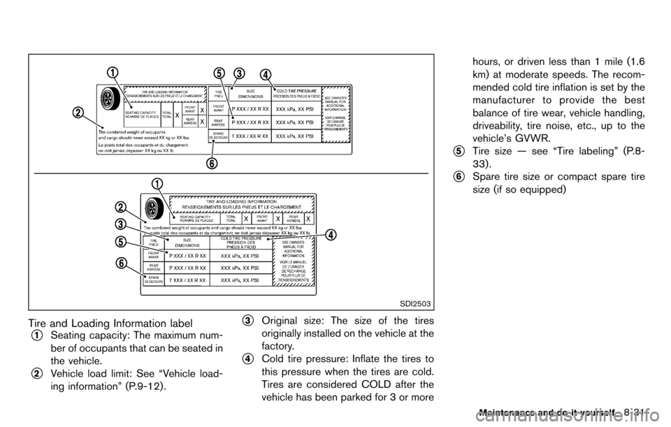 NISSAN CUBE 2012 3.G Service Manual SDI2503
Tire and Loading Information label
*1Seating capacity: The maximum num-
ber of occupants that can be seated in
the vehicle.
*2Vehicle load limit: See “Vehicle load-
ing information” (P.9-1