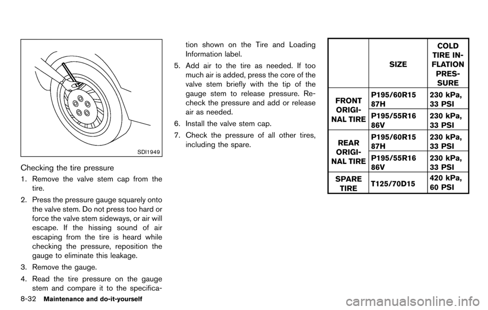 NISSAN CUBE 2012 3.G Service Manual 8-32Maintenance and do-it-yourself
SDI1949
Checking the tire pressure
1. Remove the valve stem cap from thetire.
2. Press the pressure gauge squarely onto the valve stem. Do not press too hard or
forc