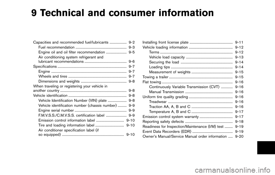 NISSAN CUBE 2012 3.G Owners Manual 9 Technical and consumer information
Capacities and recommended fuel/lubricants ................... 9-2Fuel recommendation ......................................................... 9-3
Engine oil and NISSAN CUBE 2012 3.G Owners Manual 9 Technical and consumer information
Capacities and recommended fuel/lubricants ................... 9-2Fuel recommendation ......................................................... 9-3
Engine oil and