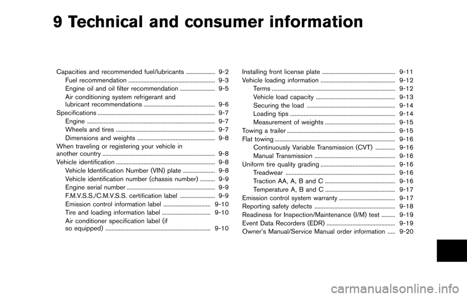 NISSAN CUBE 2012 3.G Workshop Manual 9 Technical and consumer information
Capacities and recommended fuel/lubricants ................... 9-2Fuel recommendation ......................................................... 9-3
Engine oil and 