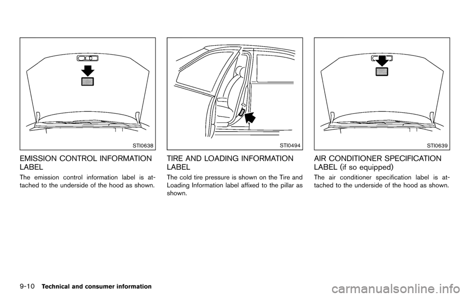 NISSAN CUBE 2012 3.G Owners Manual 9-10Technical and consumer information
STI0638
EMISSION CONTROL INFORMATION
LABEL
The emission control information label is at-
tached to the underside of the hood as shown.
STI0494
TIRE AND LOADING I