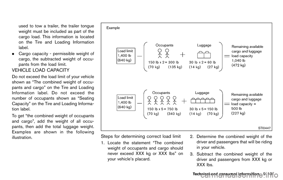 NISSAN CUBE 2012 3.G Owners Manual used to tow a trailer, the trailer tongue
weight must be included as part of the
cargo load. This information is located
on the Tire and Loading Information
label.
. Cargo capacity - permissible weigh NISSAN CUBE 2012 3.G Owners Manual used to tow a trailer, the trailer tongue
weight must be included as part of the
cargo load. This information is located
on the Tire and Loading Information
label.
. Cargo capacity - permissible weigh