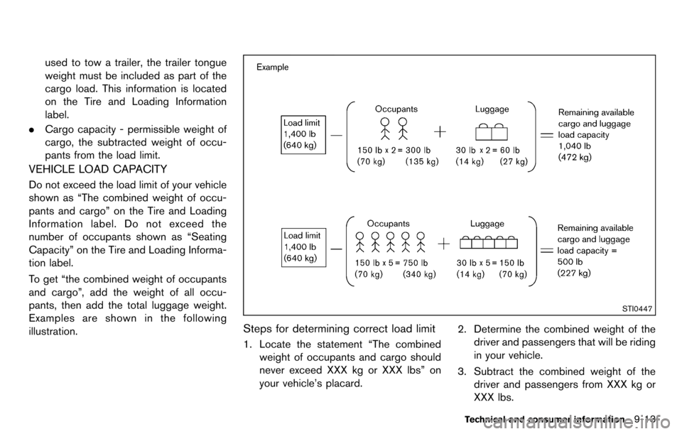 NISSAN CUBE 2012 3.G Owners Manual used to tow a trailer, the trailer tongue
weight must be included as part of the
cargo load. This information is located
on the Tire and Loading Information
label.
. Cargo capacity - permissible weigh