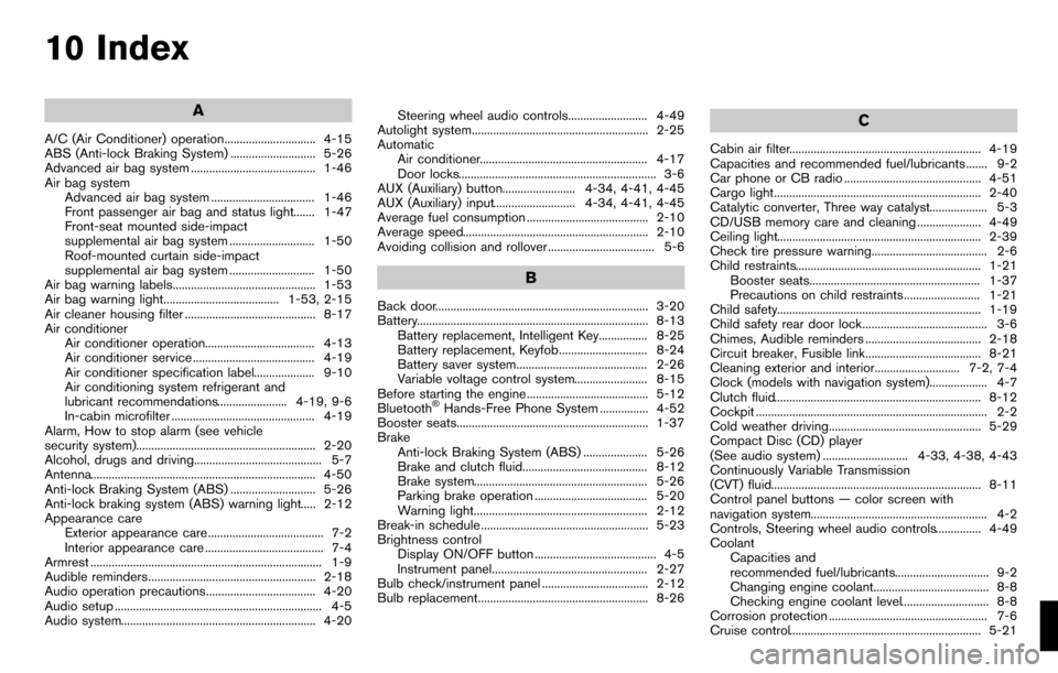 NISSAN CUBE 2012 3.G Owners Manual 10 Index
A
A/C (Air Conditioner) operation.............................. 4-15
ABS (Anti-lock Braking System) ............................ 5-26
Advanced air bag system .................................