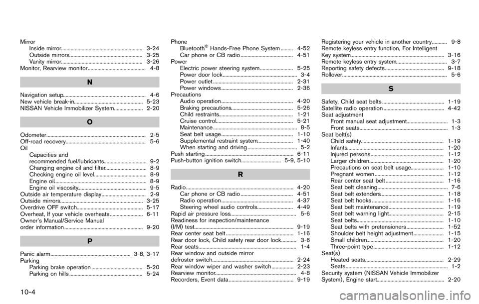 NISSAN CUBE 2012 3.G Owners Manual 10-4
MirrorInside mirror........................................................... 3-24
Outside mirrors..................................................... 3-25
Vanity mirror........................