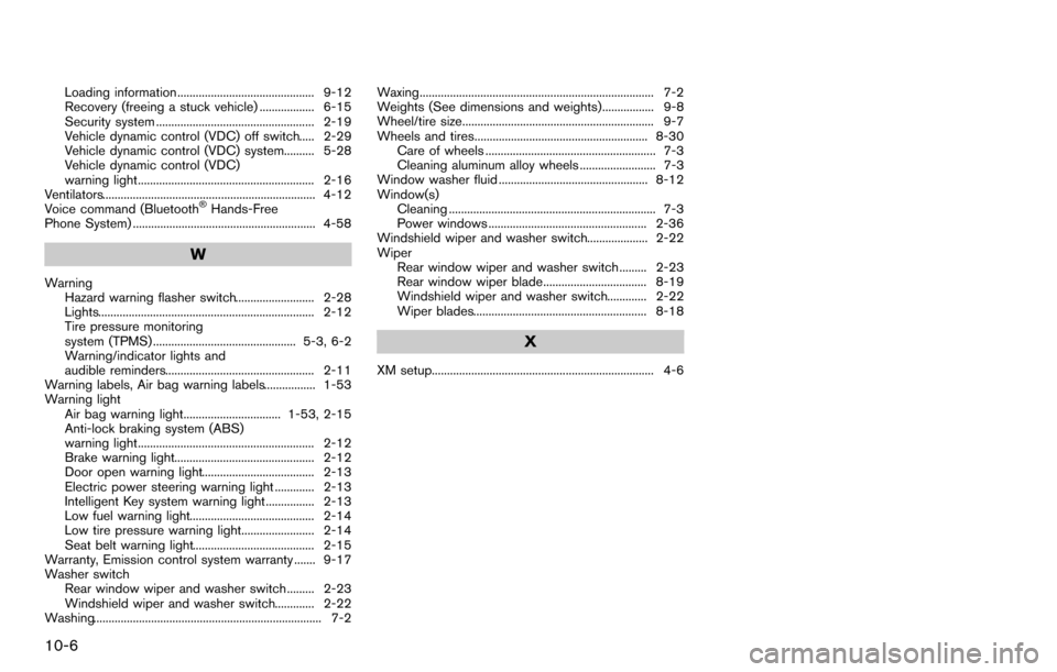 NISSAN CUBE 2012 3.G Owners Manual 10-6
Loading information ............................................. 9-12
Recovery (freeing a stuck vehicle) .................. 6-15
Security system .................................................