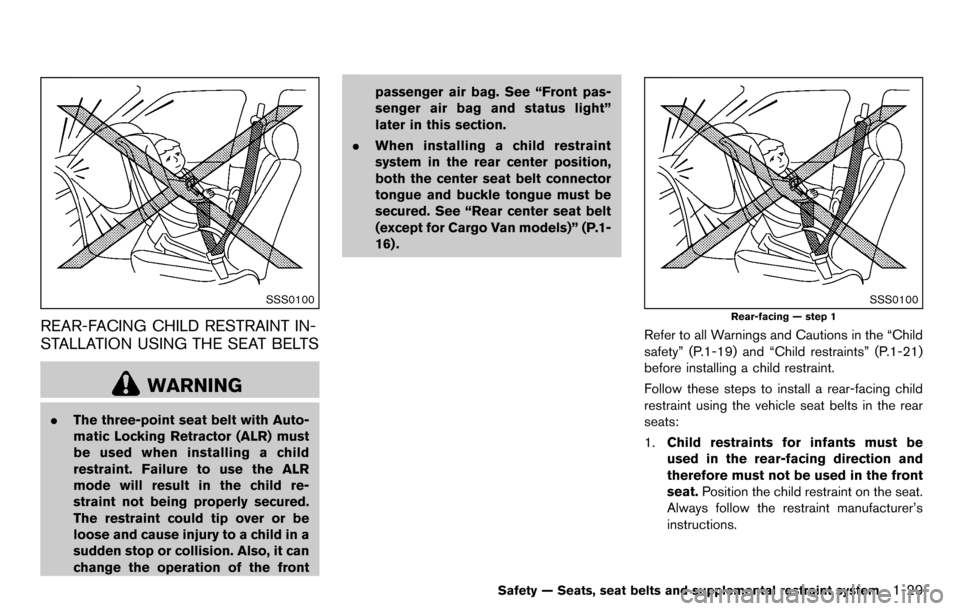 NISSAN CUBE 2012 3.G Service Manual SSS0100
REAR-FACING CHILD RESTRAINT IN-
STALLATION USING THE SEAT BELTS
WARNING
.The three-point seat belt with Auto-
matic Locking Retractor (ALR) must
be used when installing a child
restraint. Fail