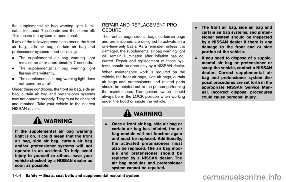 NISSAN CUBE 2012 3.G Manual PDF 1-54Safety — Seats, seat belts and supplemental restraint system
the supplemental air bag warning light illumi-
nates for about 7 seconds and then turns off.
This means the system is operational.
If