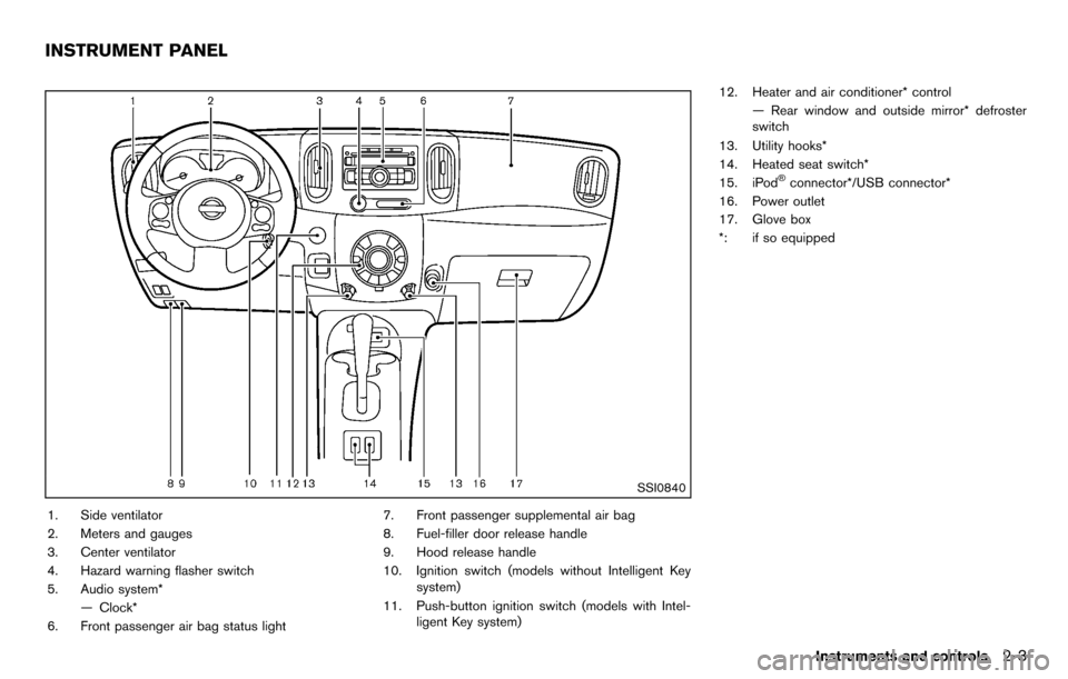 NISSAN CUBE 2012 3.G Manual PDF SSI0840
1. Side ventilator
2. Meters and gauges
3. Center ventilator
4. Hazard warning flasher switch
5. Audio system*— Clock*
6. Front passenger air bag status light 7. Front passenger supplemental