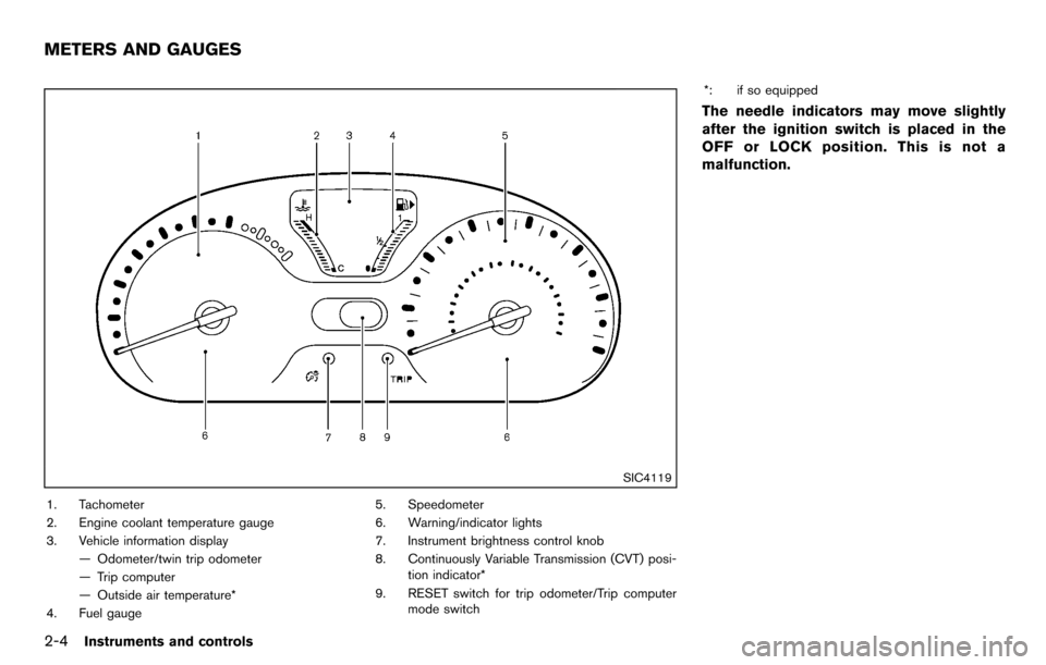 NISSAN CUBE 2012 3.G Manual PDF 2-4Instruments and controls
SIC4119
1. Tachometer
2. Engine coolant temperature gauge
3. Vehicle information display— Odometer/twin trip odometer
— Trip computer
— Outside air temperature*
4. Fu