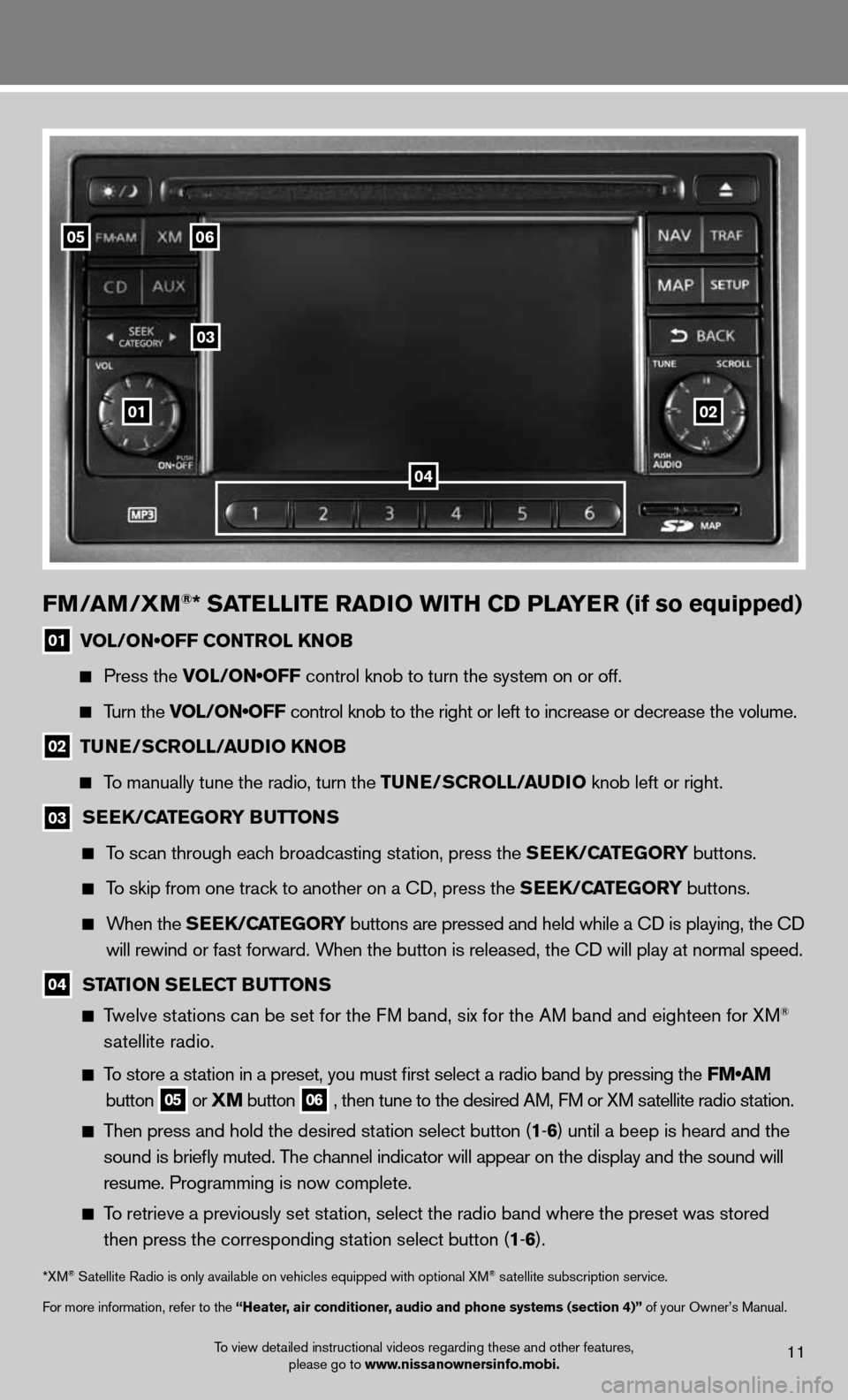 NISSAN CUBE 2012 3.G Quick Reference Guide To view detailed instructional videos regarding these and other features, please go to www.nissanownersinfo.mobi.11
0506
03
0102
FM/aM/XM®* SaTeLLITe raDIO wITH CD PLa Yer (if so equipped)
01 VOL/ON�