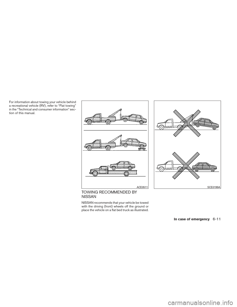 NISSAN MAXIMA 2012 A35 / 7.G Owners Manual For information about towing your vehicle behind
a recreational vehicle (RV) , refer to “Flat towing”
in the “Technical and consumer information” sec-
tion of this manual.
TOWING RECOMMENDED B