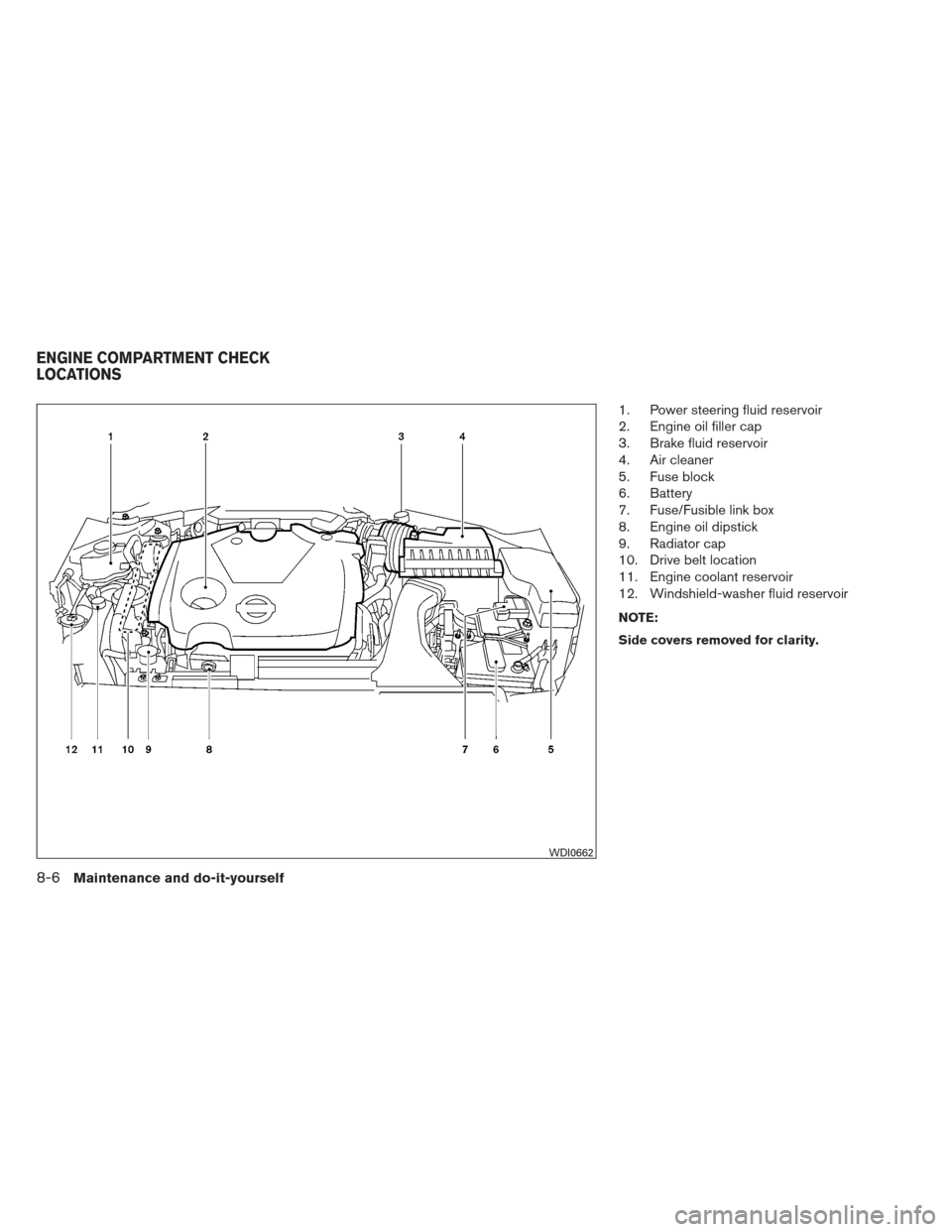 NISSAN MAXIMA 2012 A35 / 7.G Owners Manual 1. Power steering fluid reservoir
2. Engine oil filler cap
3. Brake fluid reservoir
4. Air cleaner
5. Fuse block
6. Battery
7. Fuse/Fusible link box
8. Engine oil dipstick
9. Radiator cap
10. Drive be NISSAN MAXIMA 2012 A35 / 7.G Owners Manual 1. Power steering fluid reservoir
2. Engine oil filler cap
3. Brake fluid reservoir
4. Air cleaner
5. Fuse block
6. Battery
7. Fuse/Fusible link box
8. Engine oil dipstick
9. Radiator cap
10. Drive be
