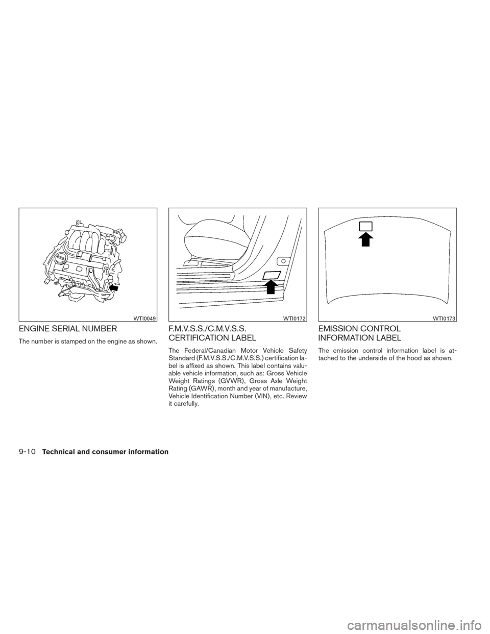 NISSAN MAXIMA 2012 A35 / 7.G Owners Manual ENGINE SERIAL NUMBER
The number is stamped on the engine as shown.
F.M.V.S.S./C.M.V.S.S.
CERTIFICATION LABEL
The Federal/Canadian Motor Vehicle Safety
Standard (F.M.V.S.S./C.M.V.S.S.) certification la