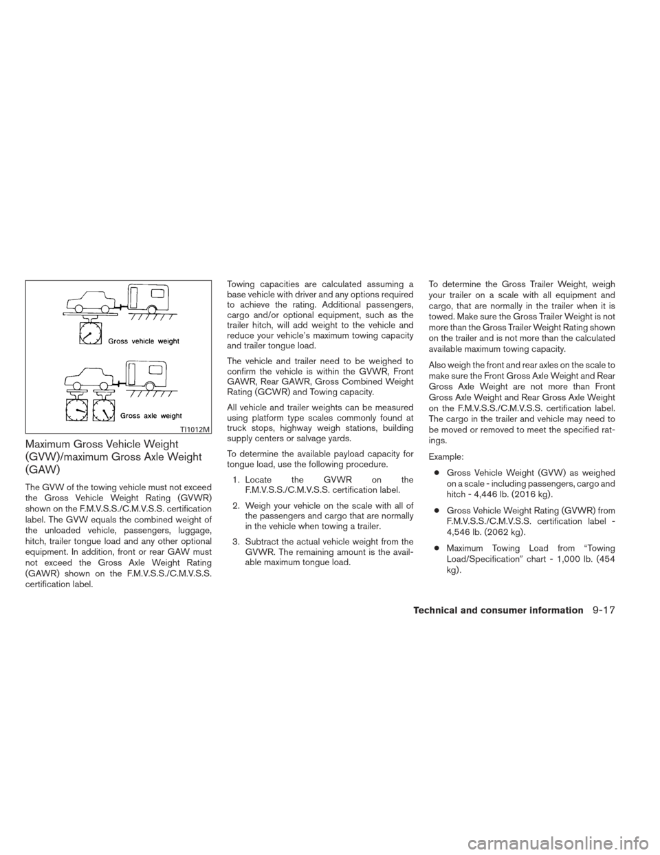 NISSAN MAXIMA 2012 A35 / 7.G User Guide Maximum Gross Vehicle Weight
(GVW)/maximum Gross Axle Weight
(GAW)
The GVW of the towing vehicle must not exceed
the Gross Vehicle Weight Rating (GVWR)
shown on the F.M.V.S.S./C.M.V.S.S. certification
