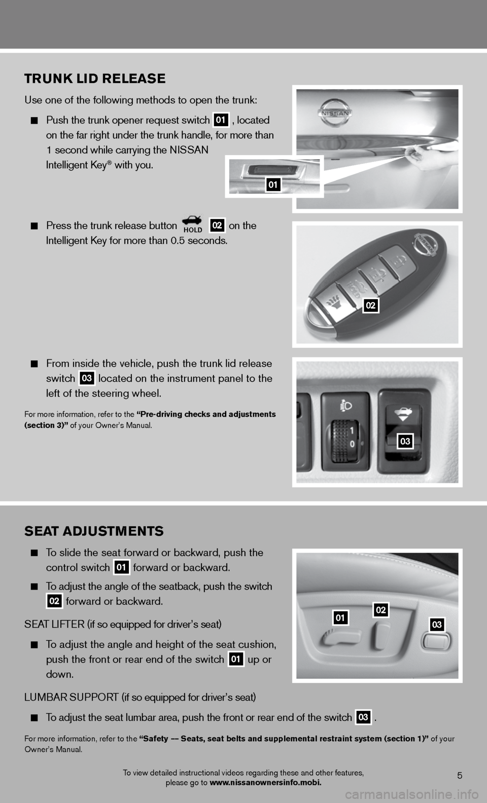 NISSAN MAXIMA 2012 A35 / 7.G Quick Reference Guide sEat aDJ ustmEnts
  To   slide the seat forward or backward, push the 
    control switch
 
01 forward or backward. 
 
  To adjust the angle of the seatback, push the switch
 
  
02  forward or backwa