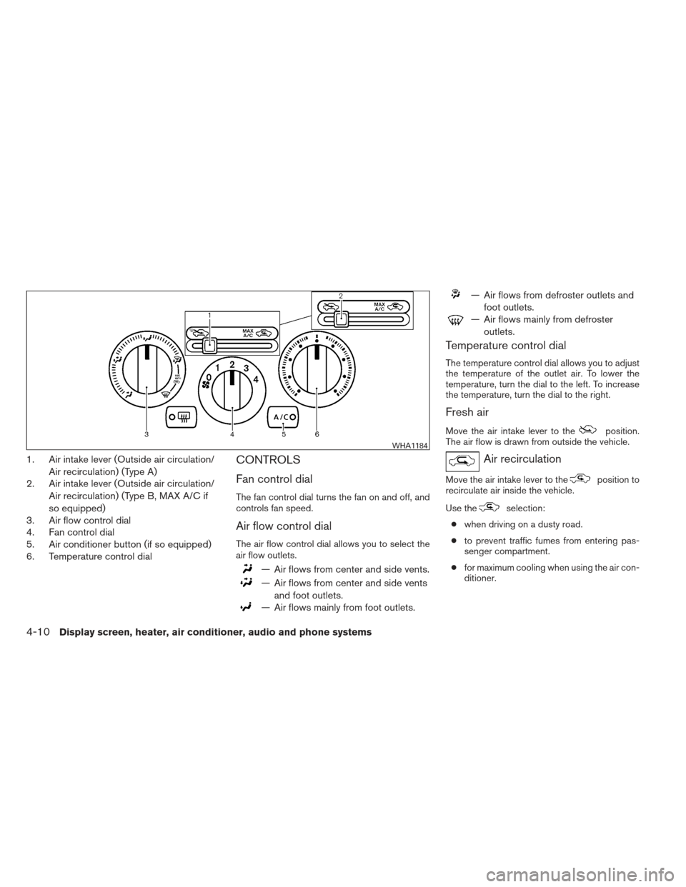 NISSAN VERSA HATCHBACK 2012 1.G Owners Manual 1. Air intake lever (Outside air circulation/Air recirculation) (Type A)
2. Air intake lever (Outside air circulation/
Air recirculation) (Type B, MAX A/C if
so equipped)
3. Air flow control dial
4. F