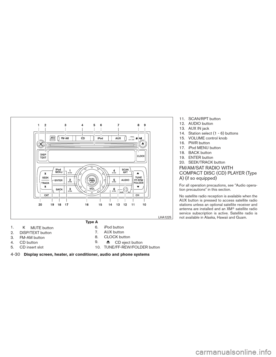 NISSAN VERSA HATCHBACK 2012 1.G Owners Manual 1.MUTE button
2. DISP/TEXT button
3. FM-AM button
4. CD button
5. CD insert slot 6. iPod button
7. AUX button
8. CLOCK button
9.
CD eject button
10. TUNE/FF-REW/FOLDER button 11. SCAN/RPT button
12. A