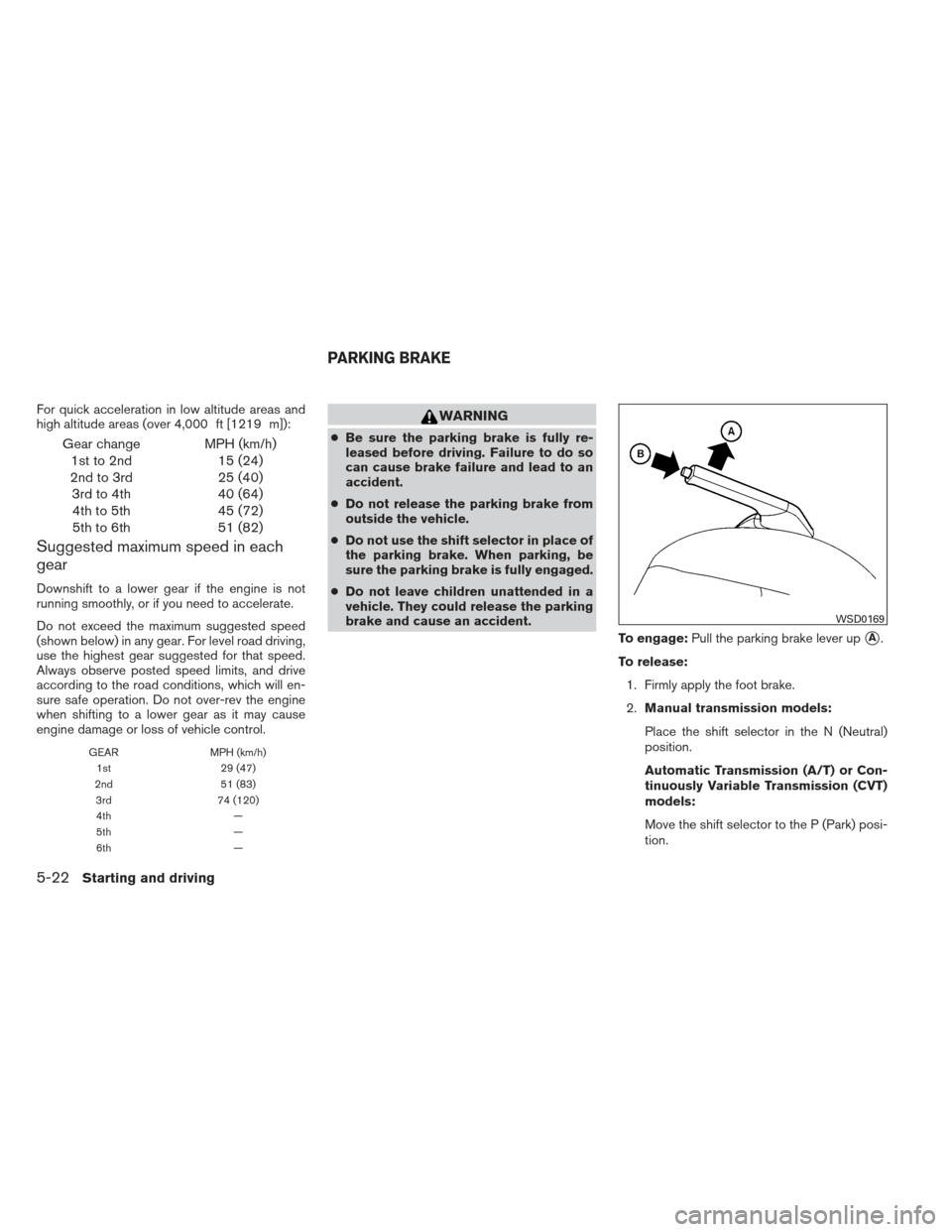 NISSAN VERSA HATCHBACK 2012 1.G Owners Manual For quick acceleration in low altitude areas and
high altitude areas (over 4,000 ft [1219 m]):
Gear change MPH (km/h)1st to 2nd 15 (24)
2nd to 3rd 25 (40) 3rd to 4th 40 (64)4th to 5th 45 (72)
5th to 6