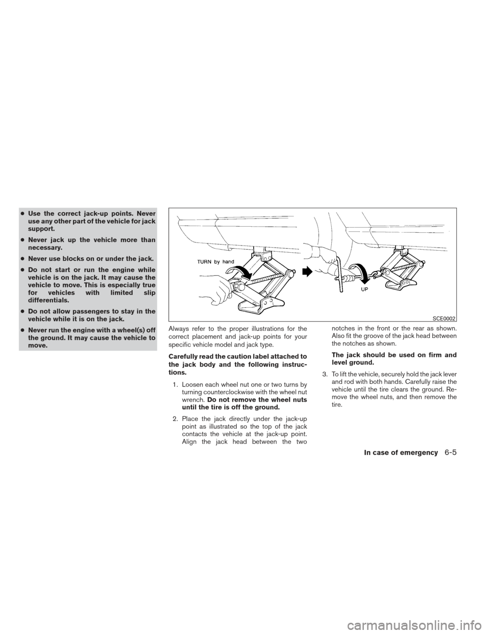 NISSAN VERSA HATCHBACK 2012 1.G Owners Manual ●Use the correct jack-up points. Never
use any other part of the vehicle for jack
support.
● Never jack up the vehicle more than
necessary.
● Never use blocks on or under the jack.
● Do not st