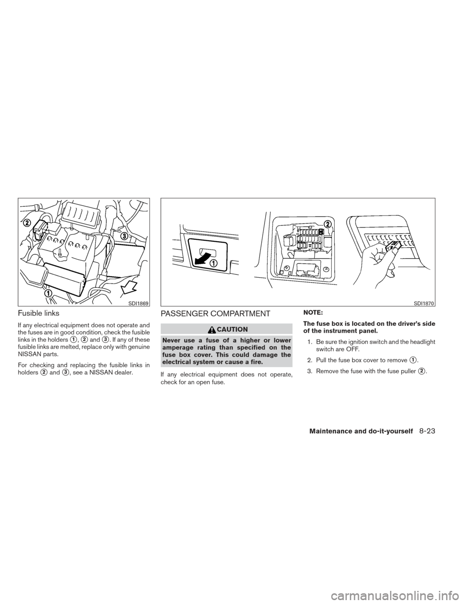 NISSAN VERSA HATCHBACK 2012 1.G User Guide Fusible links
If any electrical equipment does not operate and
the fuses are in good condition, check the fusible
links in the holders
1,2and3. If any of these
fusible links are melted, replace onl