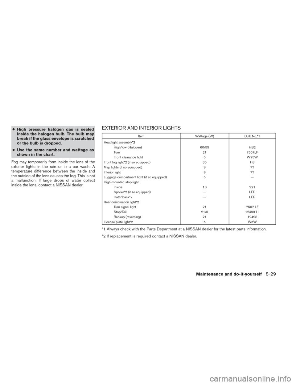NISSAN VERSA HATCHBACK 2012 1.G Owners Manual ●High pressure halogen gas is sealed
inside the halogen bulb. The bulb may
break if the glass envelope is scratched
or the bulb is dropped.
● Use the same number and wattage as
shown in the chart.