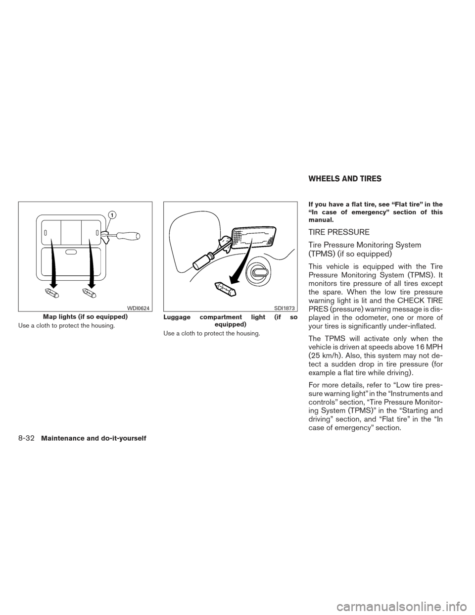 NISSAN VERSA HATCHBACK 2012 1.G Owners Manual Use a cloth to protect the housing.Use a cloth to protect the housing.If you have a flat tire, see “Flat tire” in the
“In case of emergency” section of this
manual.
TIRE PRESSURE
Tire Pressure