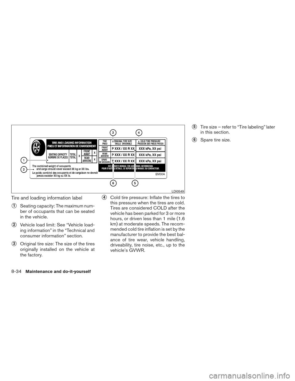 NISSAN VERSA HATCHBACK 2012 1.G User Guide Tire and loading information label
1Seating capacity: The maximum num-
ber of occupants that can be seated
in the vehicle.
2Vehicle load limit: See “Vehicle load-
ing information” in the “Tech