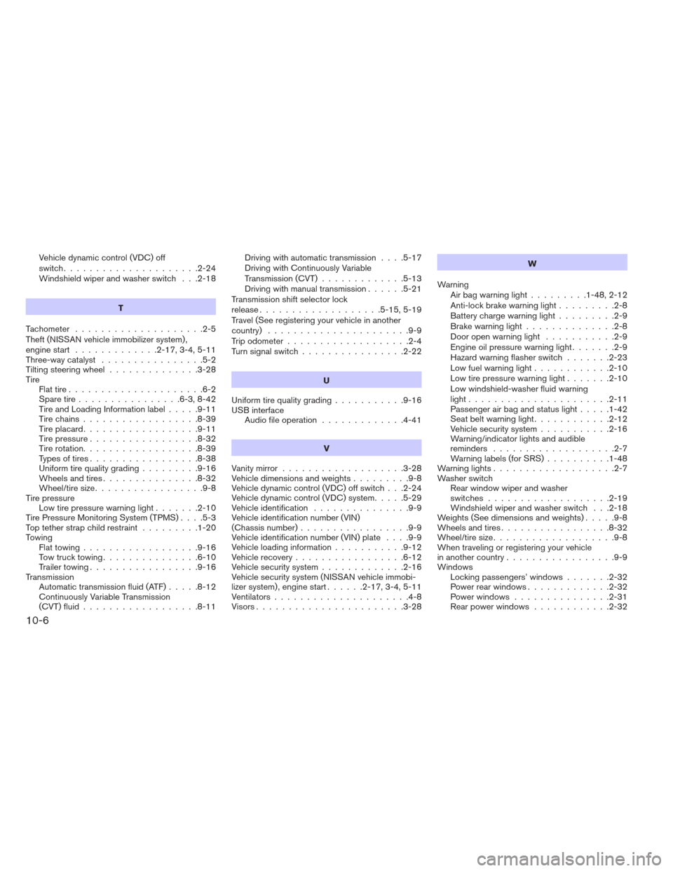 NISSAN VERSA HATCHBACK 2012 1.G Owners Manual Vehicle dynamic control (VDC) off
switch.....................2-24
Windshield wiper and washer switch . . .2-18T
Tachometer ....................2-5
Theft (NISSAN vehicle immobilizer system) ,
engine st