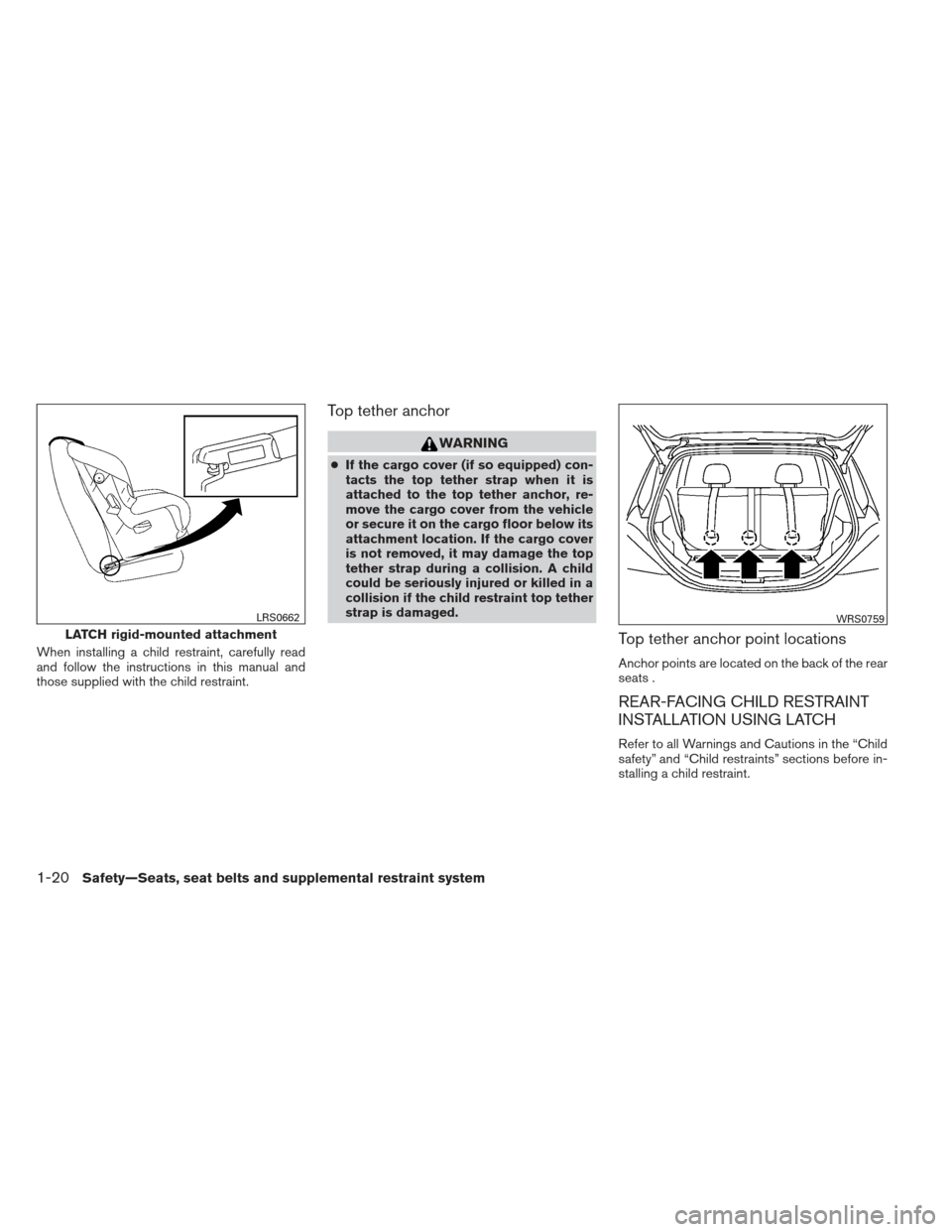 NISSAN VERSA HATCHBACK 2012 1.G Owners Guide When installing a child restraint, carefully read
and follow the instructions in this manual and
those supplied with the child restraint.
Top tether anchor
WARNING
●If the cargo cover (if so equippe NISSAN VERSA HATCHBACK 2012 1.G Owners Guide When installing a child restraint, carefully read
and follow the instructions in this manual and
those supplied with the child restraint.
Top tether anchor
WARNING
●If the cargo cover (if so equippe