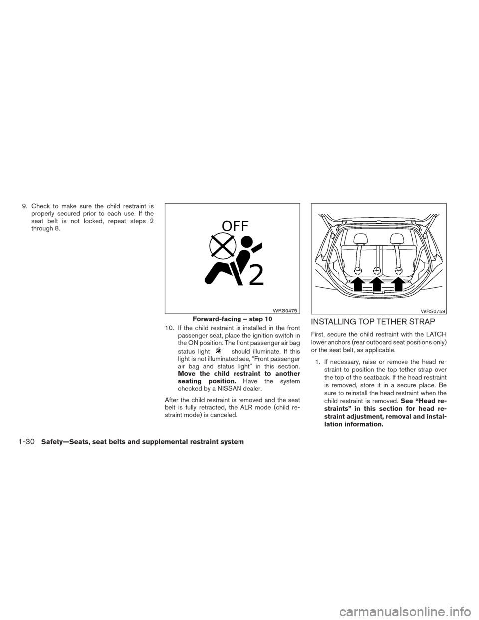 NISSAN VERSA HATCHBACK 2012 1.G Service Manual 9. Check to make sure the child restraint isproperly secured prior to each use. If the
seat belt is not locked, repeat steps 2
through 8.
10. If the child restraint is installed in the frontpassenger 