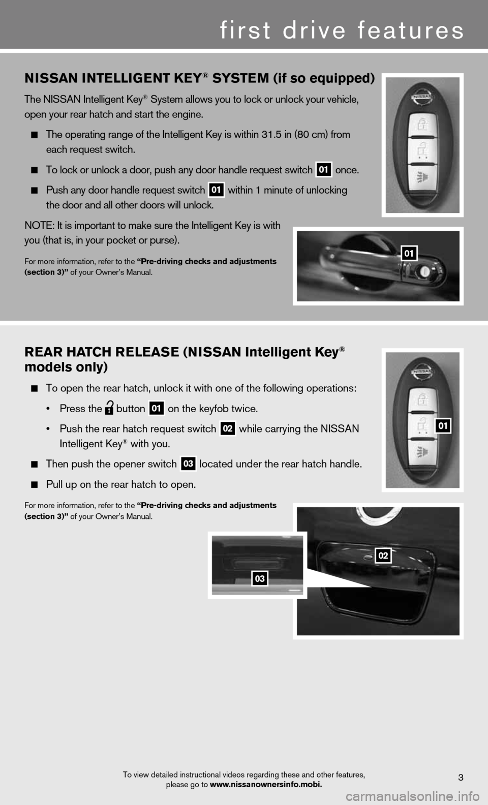 NISSAN VERSA HATCHBACK 2012 1.G Quick Reference Guide niSSan intE lliGE nt KEy® SyStE m (if so equipped)
the niSSAn intelligent key® System allows you to lock or unlock your vehicle, 
open your rear hatch and start the engine.
 
  The operating range o