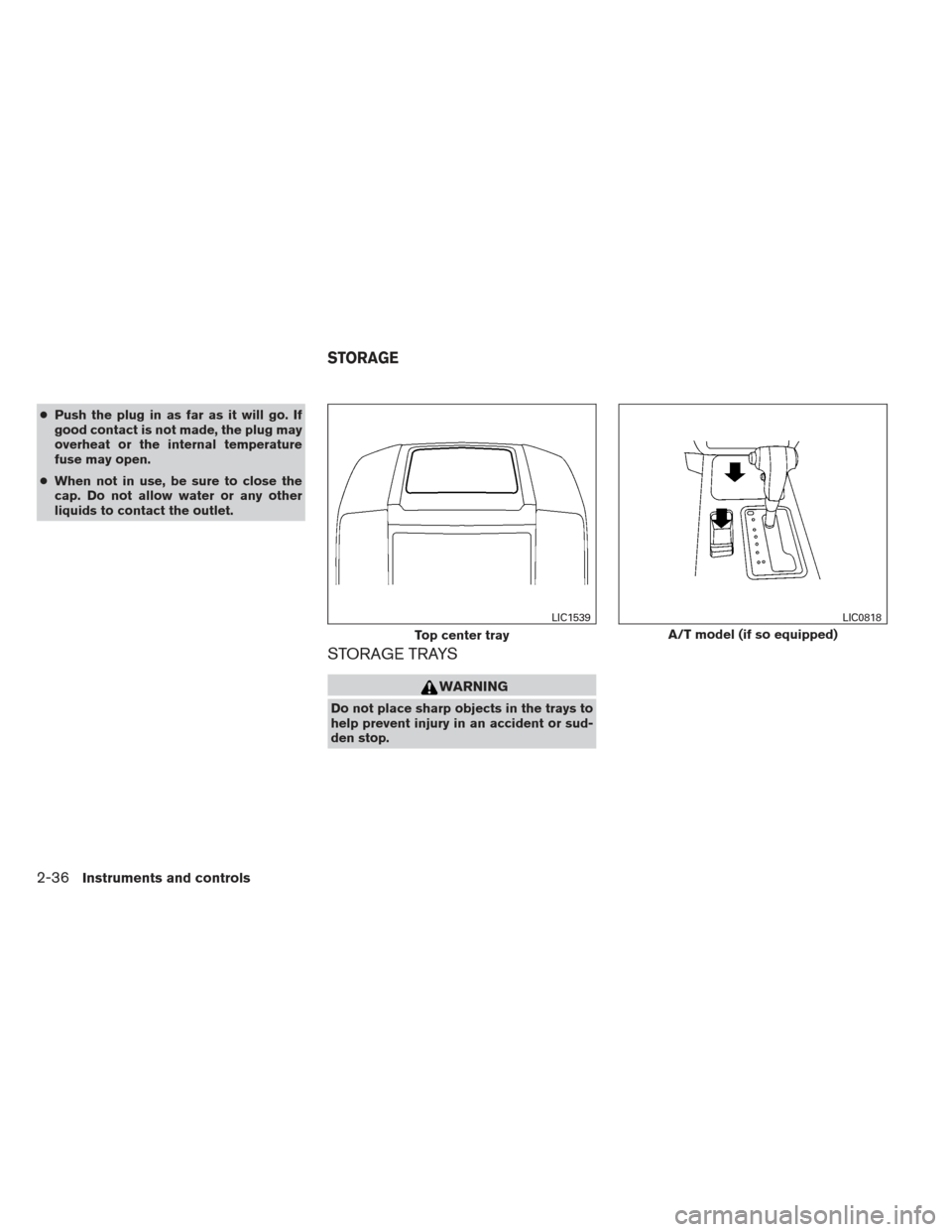 NISSAN XTERRA 2012 N50 / 2.G Owners Manual ●Push the plug in as far as it will go. If
good contact is not made, the plug may
overheat or the internal temperature
fuse may open.
● When not in use, be sure to close the
cap. Do not allow wate