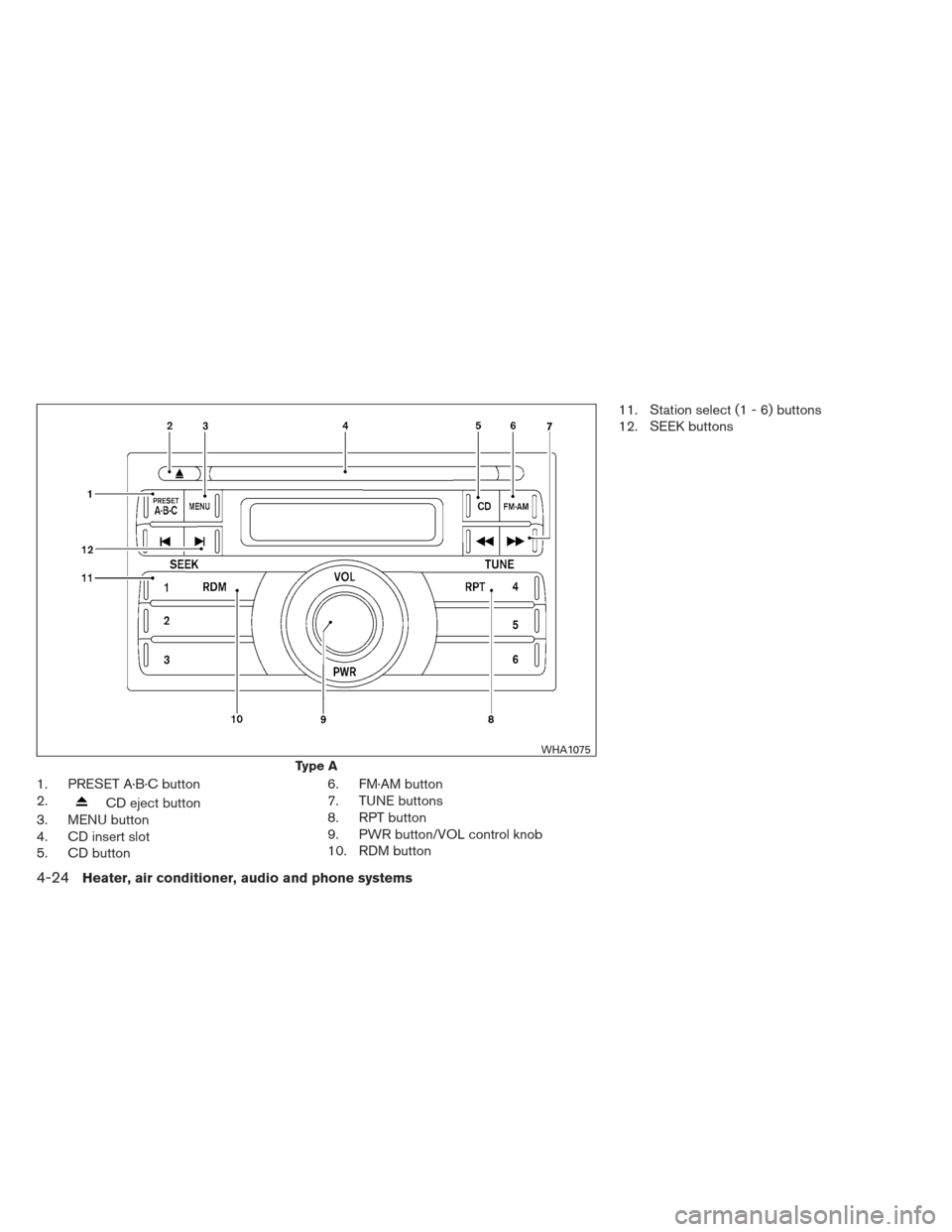 NISSAN XTERRA 2012 N50 / 2.G Owners Manual 1. PRESET A·B·C button
2.
CD eject button
3. MENU button
4. CD insert slot
5. CD button 6. FM·AM button
7. TUNE buttons
8. RPT button
9. PWR button/VOL control knob
10. RDM button11. Station select NISSAN XTERRA 2012 N50 / 2.G Owners Manual 1. PRESET A·B·C button
2.
CD eject button
3. MENU button
4. CD insert slot
5. CD button 6. FM·AM button
7. TUNE buttons
8. RPT button
9. PWR button/VOL control knob
10. RDM button11. Station select