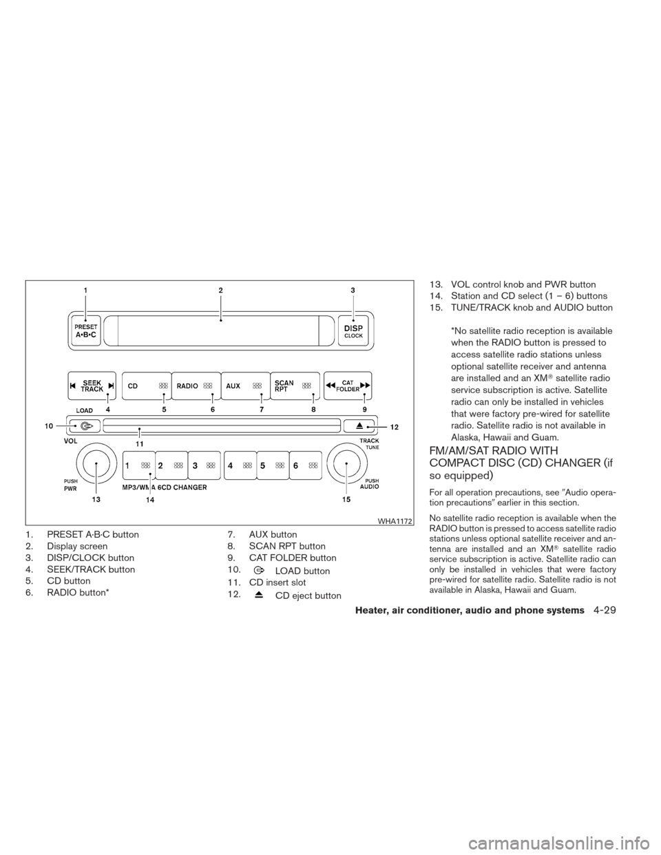 NISSAN XTERRA 2012 N50 / 2.G Owners Manual 1. PRESET A·B·C button
2. Display screen
3. DISP/CLOCK button
4. SEEK/TRACK button
5. CD button
6. RADIO button*7. AUX button
8. SCAN RPT button
9. CAT FOLDER button
10.
LOAD button
11. CD insert sl NISSAN XTERRA 2012 N50 / 2.G Owners Manual 1. PRESET A·B·C button
2. Display screen
3. DISP/CLOCK button
4. SEEK/TRACK button
5. CD button
6. RADIO button*7. AUX button
8. SCAN RPT button
9. CAT FOLDER button
10.
LOAD button
11. CD insert sl