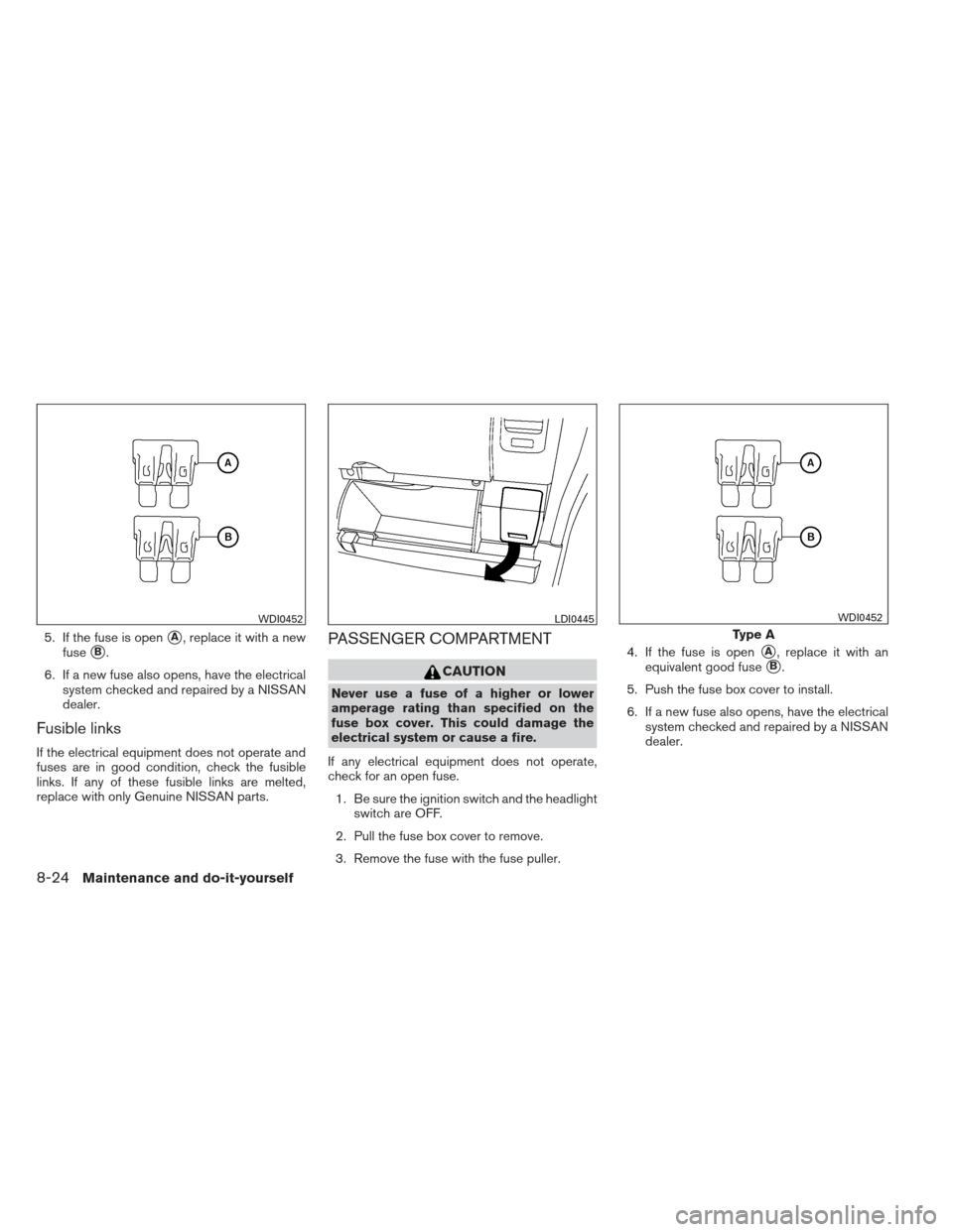 NISSAN XTERRA 2012 N50 / 2.G Service Manual 5. If the fuse is openA, replace it with a new
fuse
B.
6. If a new fuse also opens, have the electrical system checked and repaired by a NISSAN
dealer.
Fusible links
If the electrical equipment does