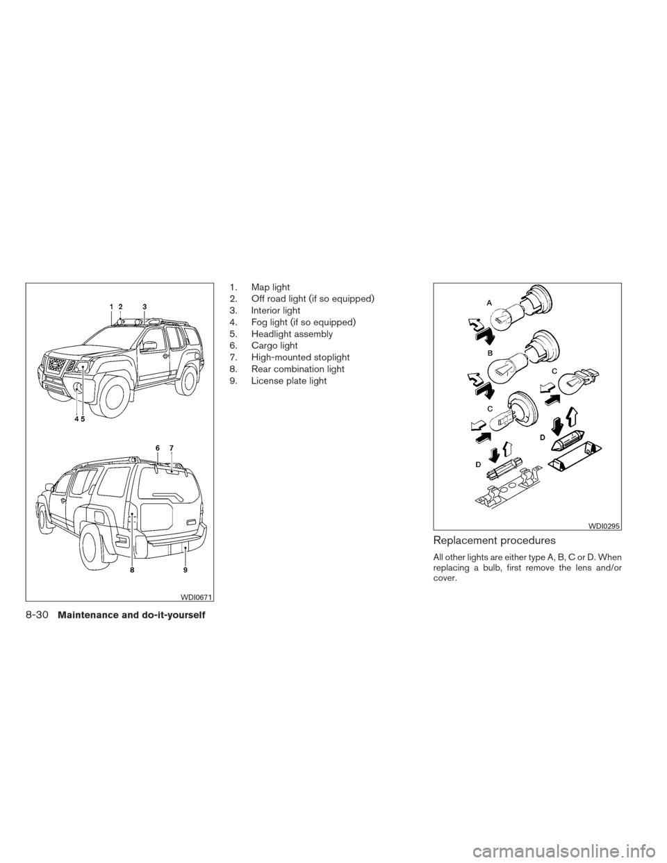 NISSAN XTERRA 2012 N50 / 2.G Owners Manual 1. Map light
2. Off road light (if so equipped)
3. Interior light
4. Fog light (if so equipped)
5. Headlight assembly
6. Cargo light
7. High-mounted stoplight
8. Rear combination light
9. License plat