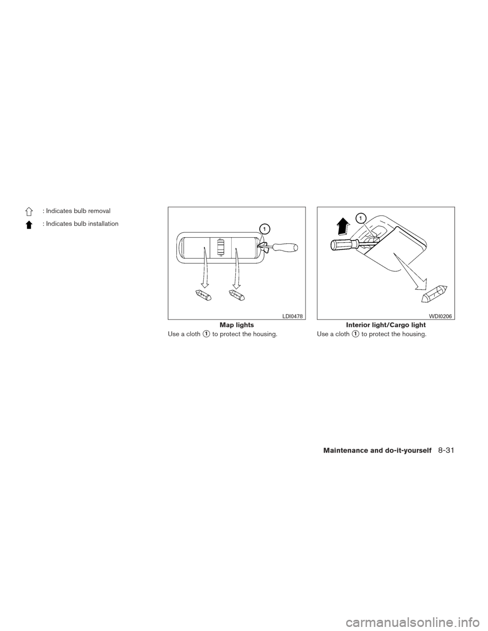 NISSAN XTERRA 2012 N50 / 2.G Service Manual : Indicates bulb removal
: Indicates bulb installationUse a cloth
1to protect the housing.Use a cloth1to protect the housing.
Map lights
LDI0478
Interior light/Cargo light
WDI0206
Maintenance and do