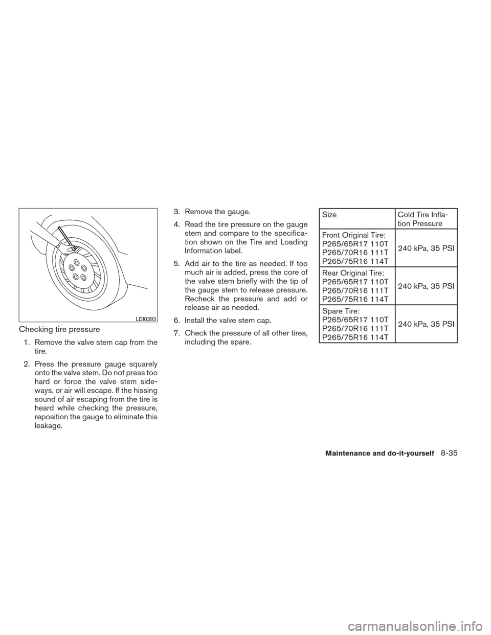 NISSAN XTERRA 2012 N50 / 2.G Workshop Manual Checking tire pressure
1. Remove the valve stem cap from thetire.
2. Press the pressure gauge squarely onto the valve stem. Do not press too
hard or force the valve stem side-
ways, or air will escape