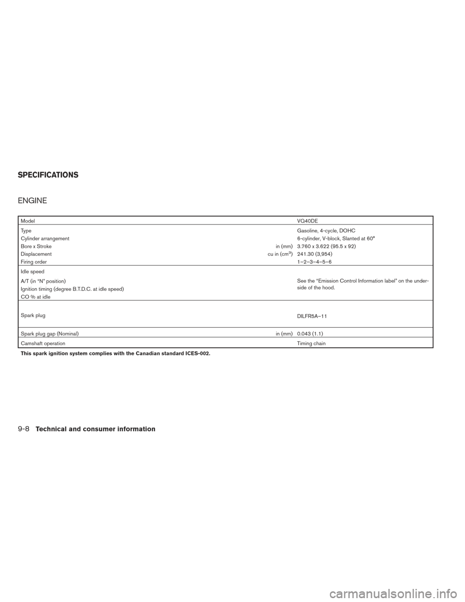 NISSAN XTERRA 2012 N50 / 2.G Owners Manual ENGINE
ModelVQ40DE
Type Gasoline, 4-cycle, DOHC
Cylinder arrangement 6-cylinder, V-block, Slanted at 60°
Bore x Stroke in (mm) 3.760 x 3.622 (95.5 x 92)
Displacement cu in (cm
3) 241.30 (3,954)
Firin