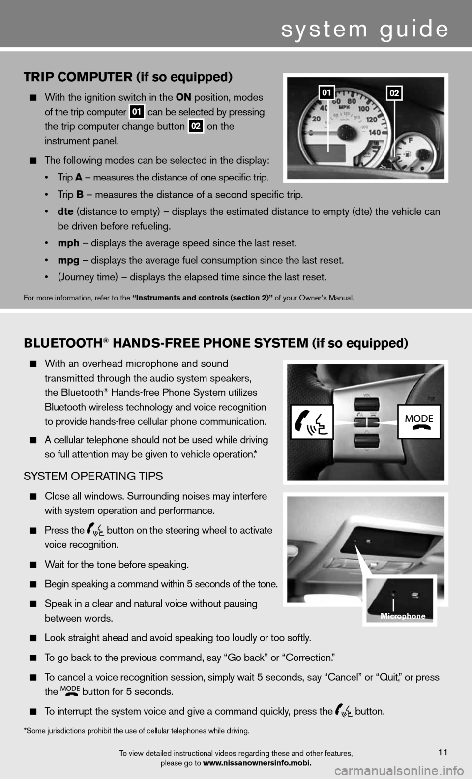 NISSAN XTERRA 2012 N50 / 2.G Quick Reference Guide triP Com PutEr (if so equipped)
  With the ignition switch in the on position, modes 
    of the trip computer
 
01 can be selected by pressing 
    the trip computer change button
 02 on the 
    ins