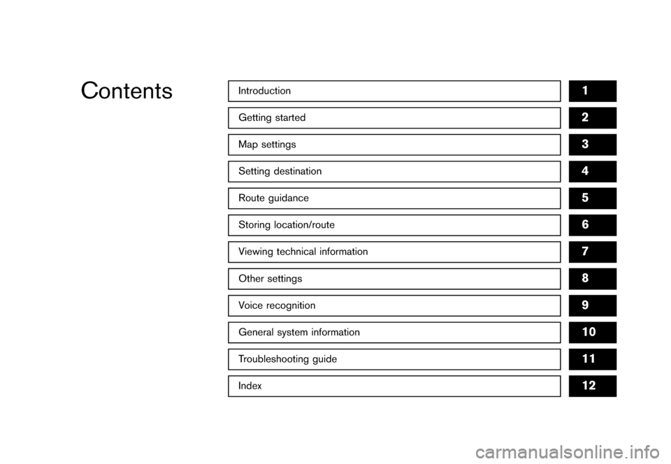 NISSAN QUEST 2013 RE52 / 4.G 08IT Navigation Manual Black plate (1,1)
Introduction1
Getting started
Map settings
Setting destination
Route guidance
Storing location/route
Viewing technical information
Other settings
Voice recognition
General system inf