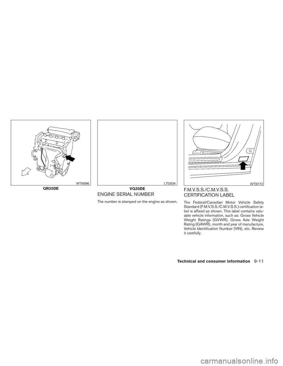 NISSAN ALTIMA 2013 L33 / 5.G Owners Manual ENGINE SERIAL NUMBER
The number is stamped on the engine as shown.
F.M.V.S.S./C.M.V.S.S.
CERTIFICATION LABEL
The Federal/Canadian Motor Vehicle Safety
Standard (F.M.V.S.S./C.M.V.S.S.) certification la