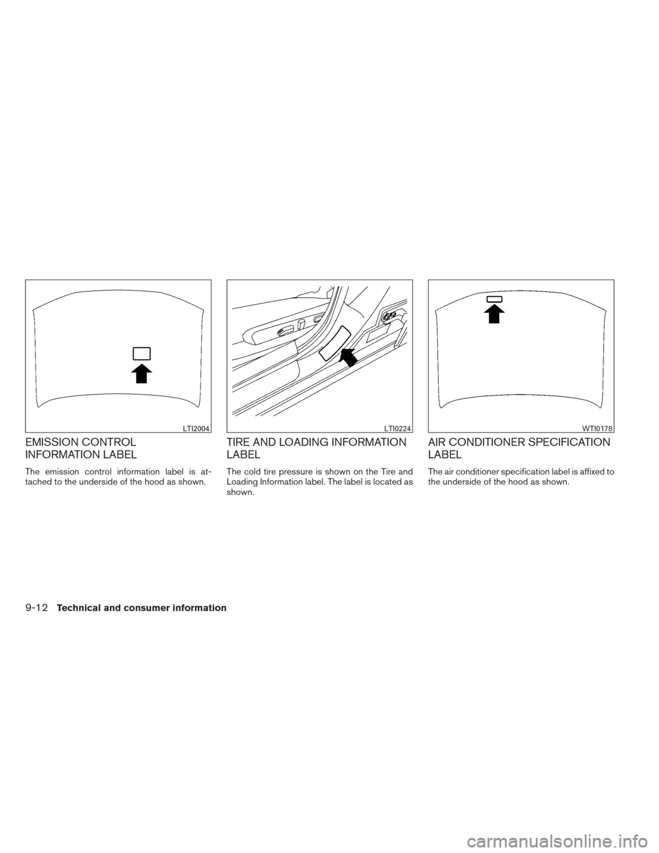 NISSAN ALTIMA 2013 L33 / 5.G Owners Manual EMISSION CONTROL
INFORMATION LABEL
The emission control information label is at-
tached to the underside of the hood as shown.
TIRE AND LOADING INFORMATION
LABEL
The cold tire pressure is shown on the