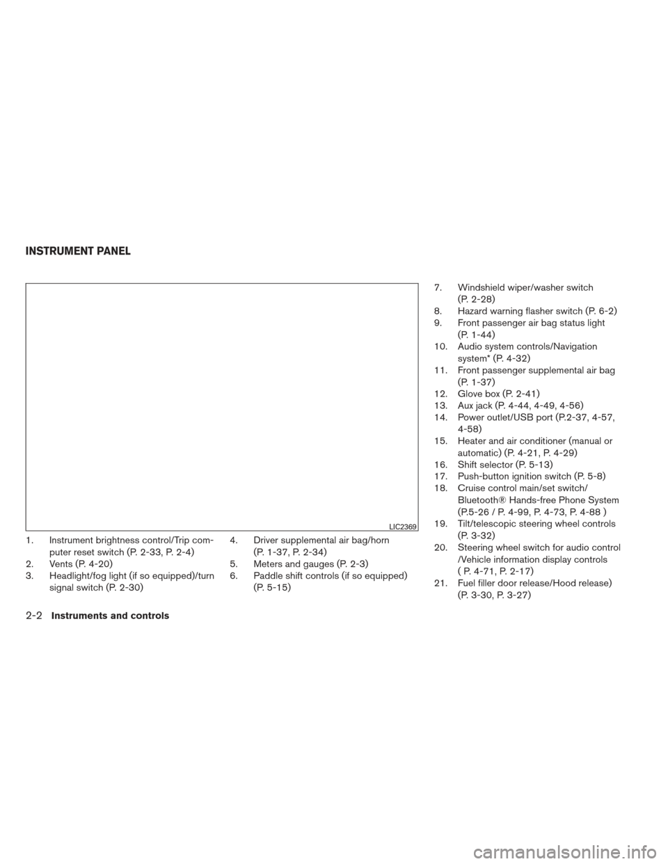 NISSAN ALTIMA 2013 L33 / 5.G Manual PDF 1. Instrument brightness control/Trip com-puter reset switch (P. 2-33, P. 2-4)
2. Vents (P. 4-20)
3. Headlight/fog light (if so equipped)/turn
signal switch (P. 2-30) 4. Driver supplemental air bag/ho