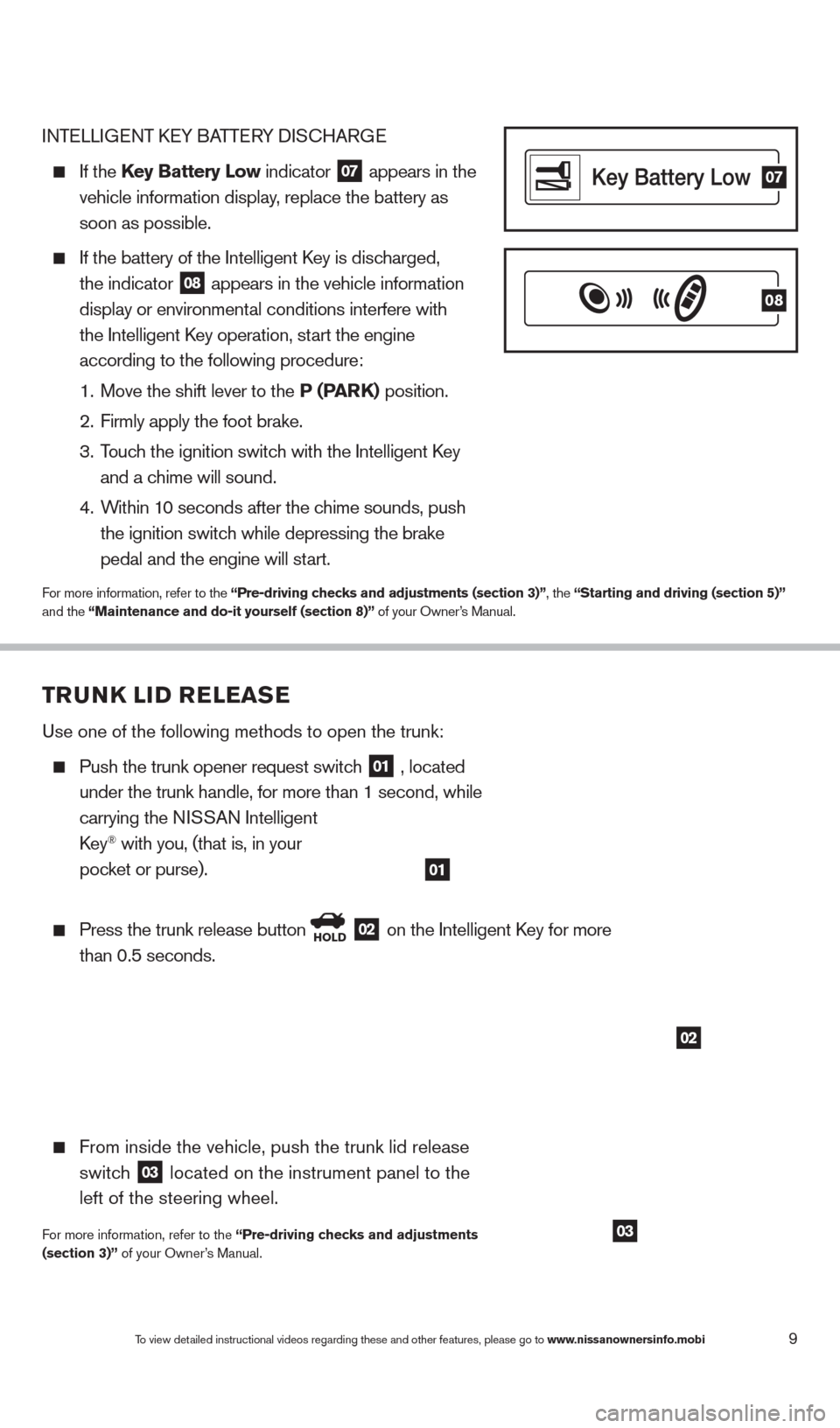 NISSAN ALTIMA 2013 L33 / 5.G Quick Reference Guide TRUNK LID RELEASE
Use one of the following methods to open the trunk: 
  Push the trunk opener request switch
 01 , located   
 

 
under the trunk handle, for more than 1 second, while
  
 

 
carryi