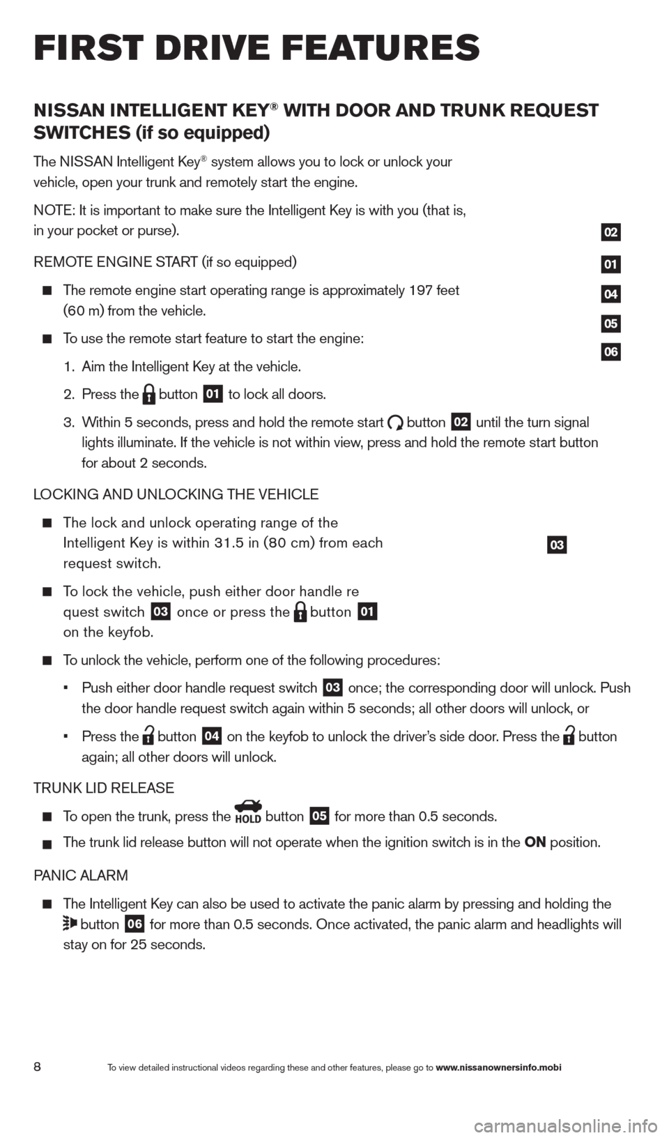 NISSAN ALTIMA 2013 L33 / 5.G Quick Reference Guide NISSAN INTELLIGENT KEY® WITH DOOR AND TRUNK REQUEST 
SWITCHES (if so equipped)
The NISSAN Intelligent key® system allows you to lock or unlock your 
vehicle, open your trunk and remotely start the e