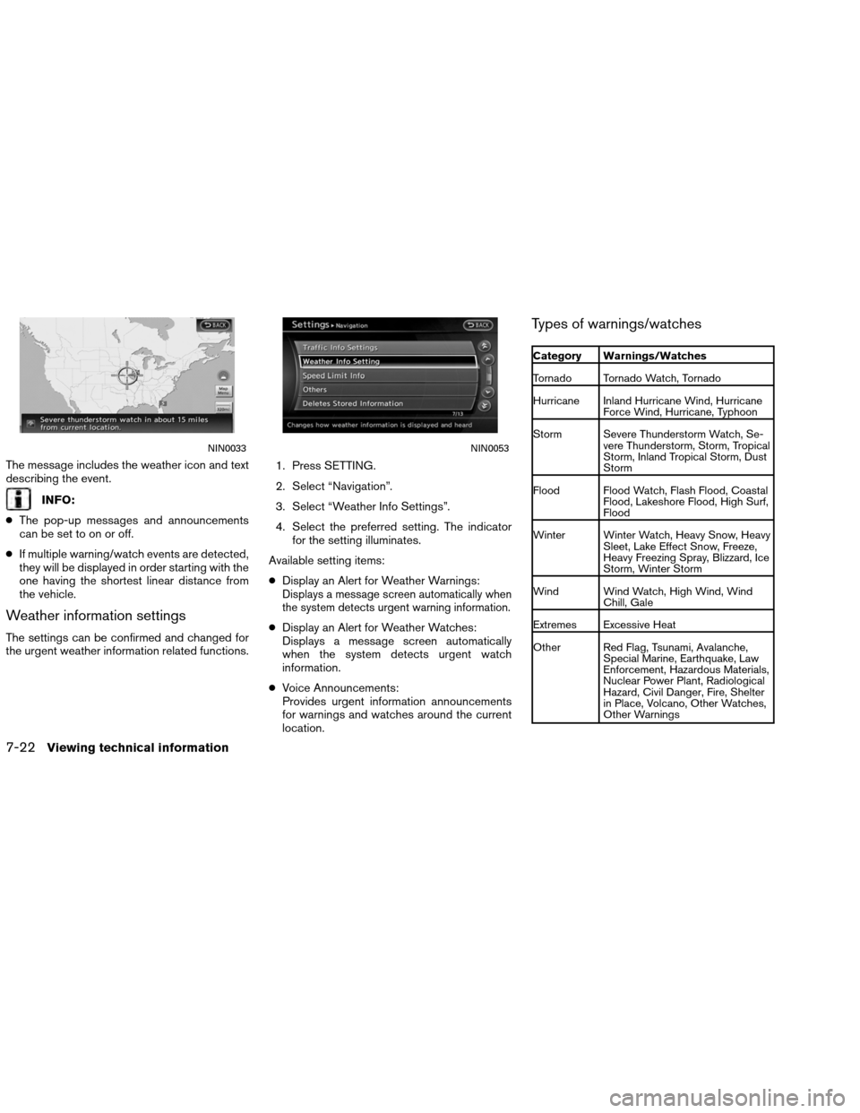 NISSAN ALTIMA COUPE 2013 D32 / 4.G Navigation Manual The message includes the weather icon and text
describing the event.
INFO:
● The pop-up messages and announcements
can be set to on or off.
● If multiple warning/watch events are detected,
they wi NISSAN ALTIMA COUPE 2013 D32 / 4.G Navigation Manual The message includes the weather icon and text
describing the event.
INFO:
● The pop-up messages and announcements
can be set to on or off.
● If multiple warning/watch events are detected,
they wi