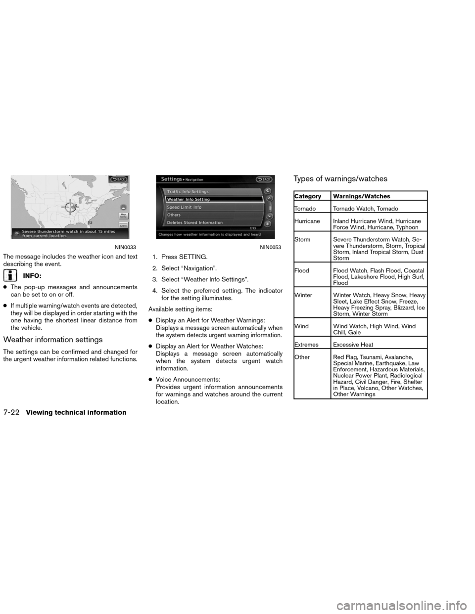 NISSAN ALTIMA COUPE 2013 D32 / 4.G Navigation Manual The message includes the weather icon and text
describing the event.
INFO:
● The pop-up messages and announcements
can be set to on or off.
● If multiple warning/watch events are detected,
they wi