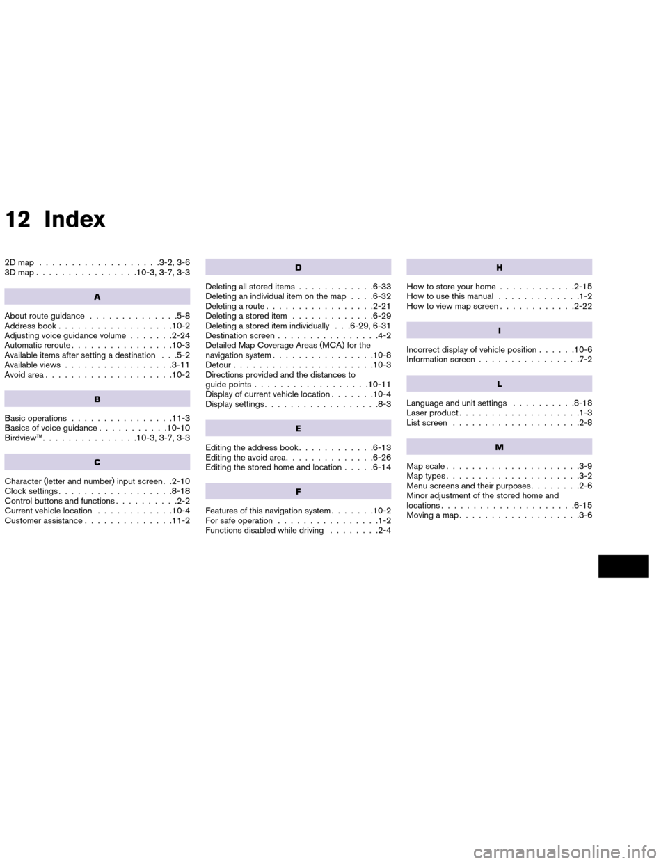 NISSAN ALTIMA COUPE 2013 D32 / 4.G Navigation Manual 12 Index
2Dmap ...................3-2, 3-6
3Dmap................10-3, 3-7, 3-3
A
About route guidance..............5-8
Address book ..................10-2
Adjusting voice guidance volume .......2-24
A